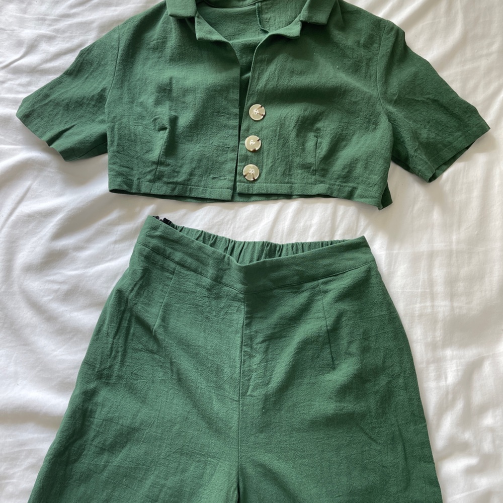 Green Two Piece Set 40s Style High Waist Linen Look Size Small Summer